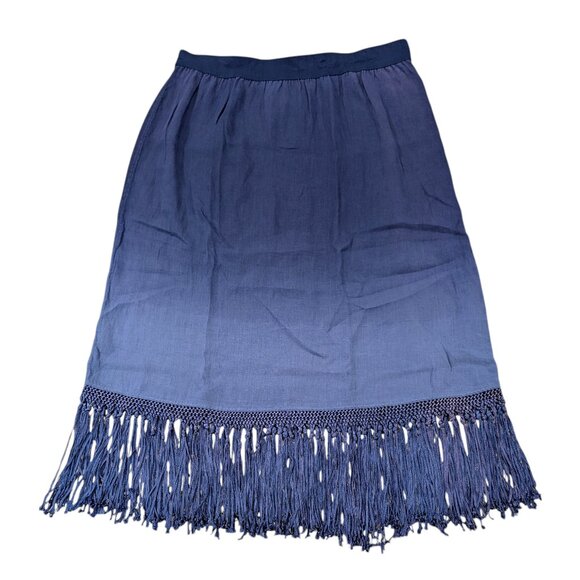 CHICO'S Linen Ombre French Fringe Skirt 3/XL Blue Indigo Pull-On Stretch Waist - Picture 1 of 6